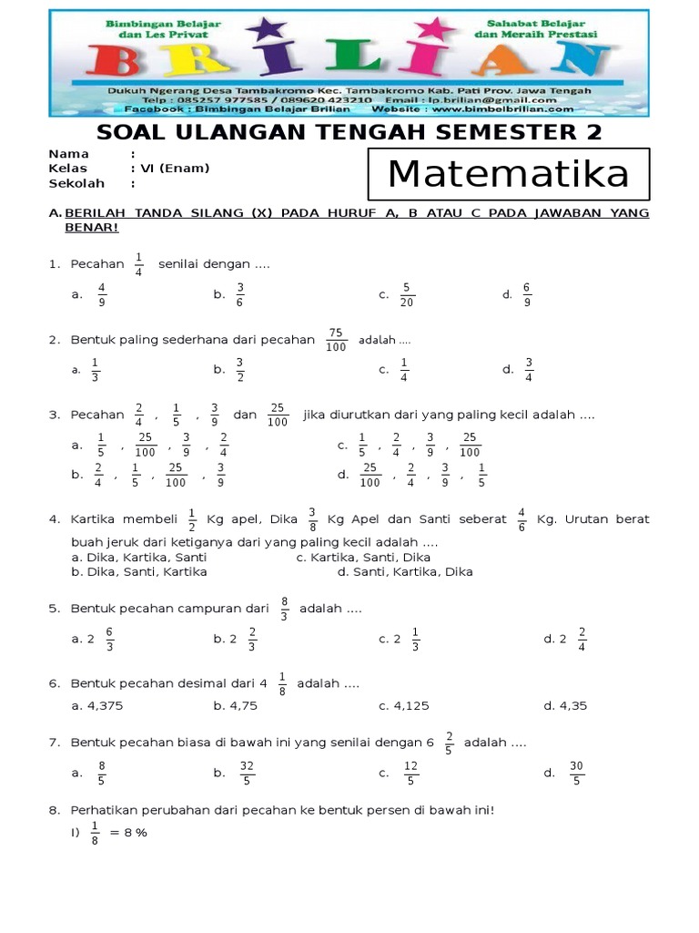 10 Rahasia Latihan Soal Matematika Kelas 6 dan Kunci Jawabannya Semester 2 Terlengkap