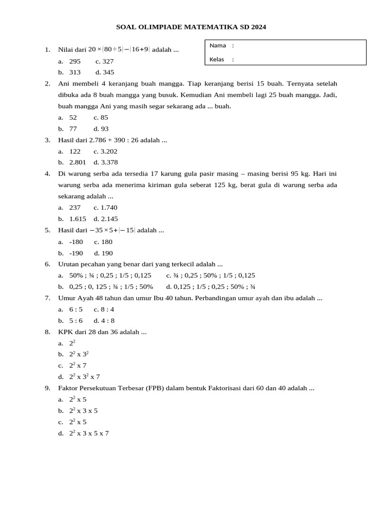 7 Rahasia Latihan Contoh Soal OSN Matematika SD Kelas 4 Agar Anak Menang Olimpiade 2026