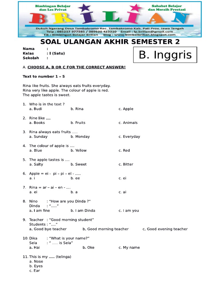 Tingkatkan Kemampuan Bahasa Inggrismu Kumpulan Soal Kelas 3 SD Tingkatkan Kemampuan Bahasa Inggrismu Kumpulan Soal Kelas 3 SD