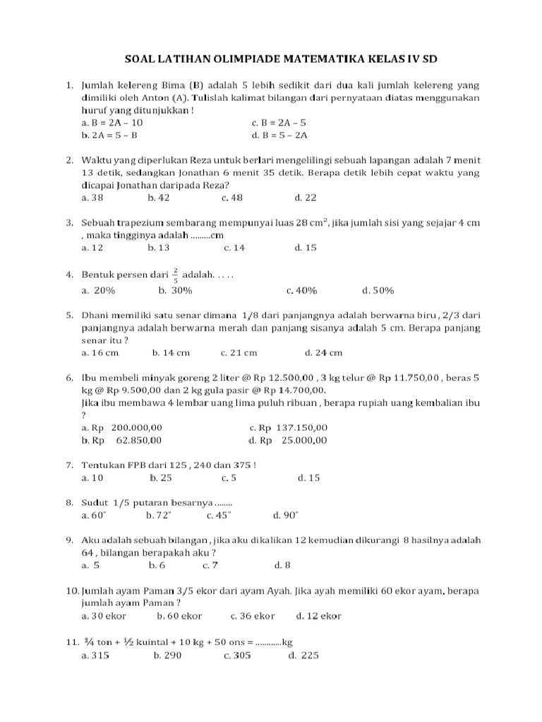 contoh soal olimpiade matematika kelas 4 sd