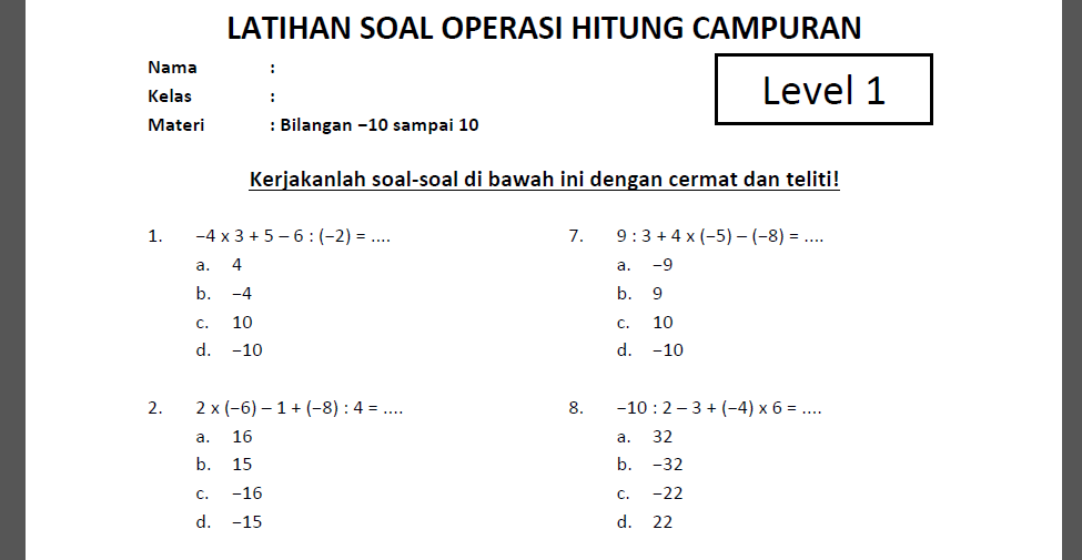 contoh soal operasi hitung campuran bilangan bulat kelas 4
