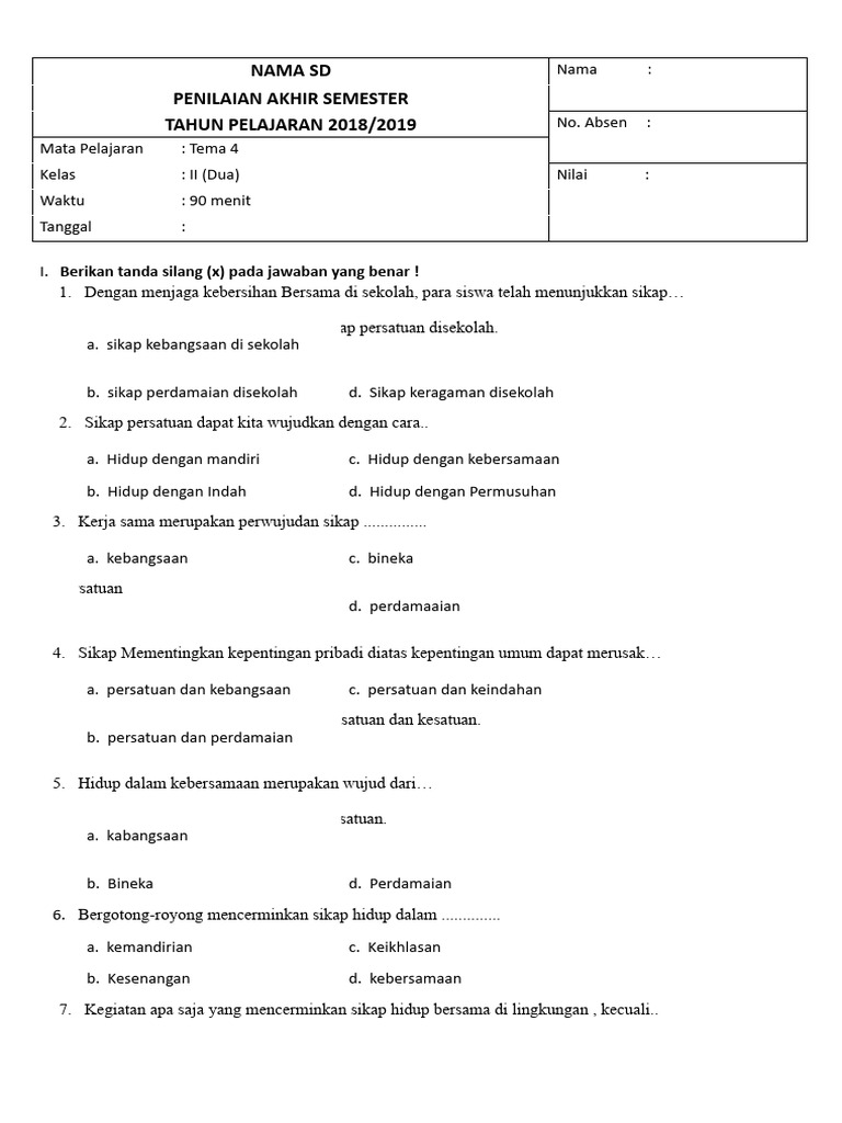soal pas kelas 2 tema 4 dan kunci jawaban
