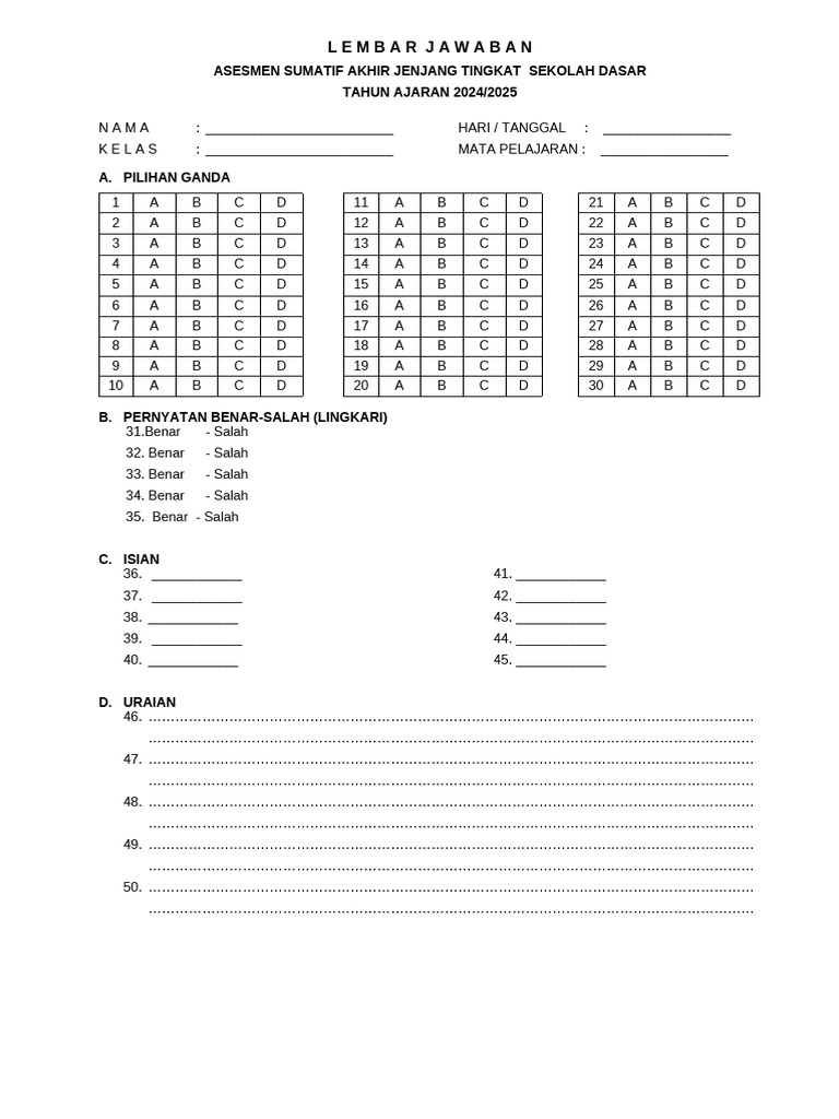 Lembar Jawaban Pilihan Ganda Kumer PDF