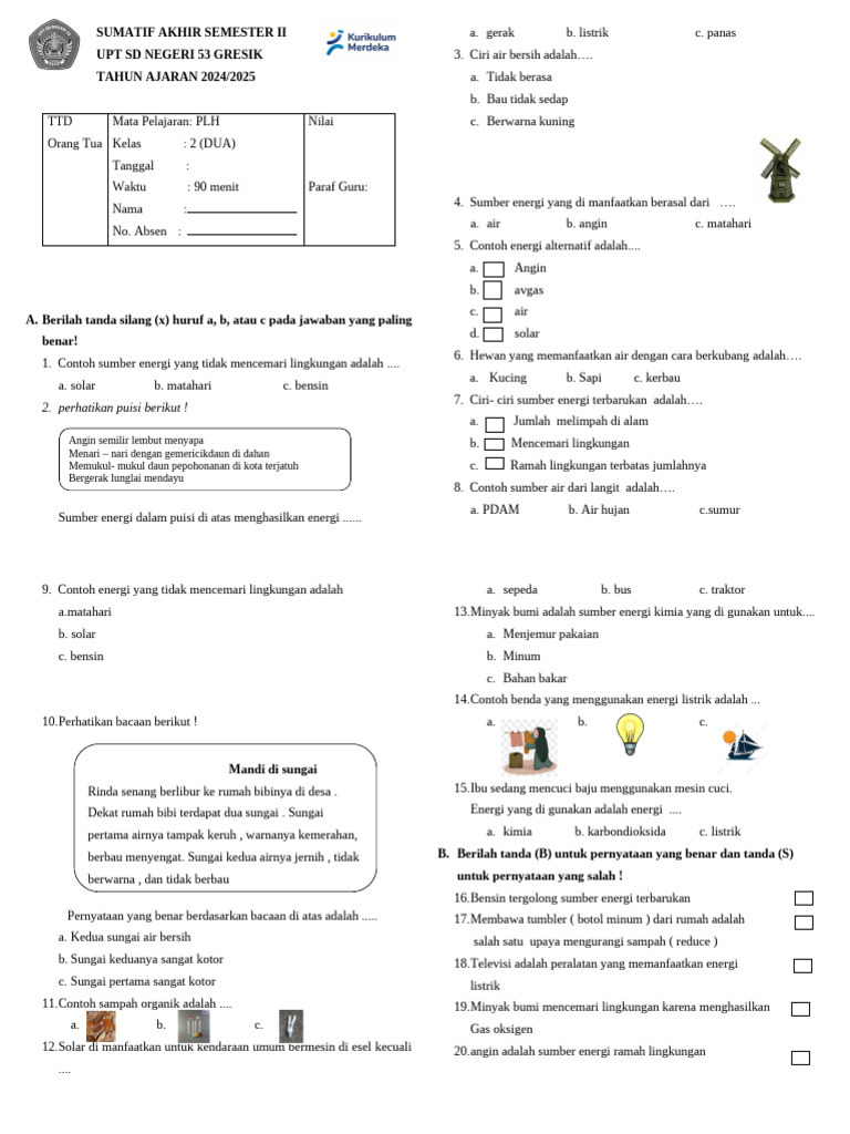 Soal PLH Kelas 2 SD Gresik 2024 2025 PDF