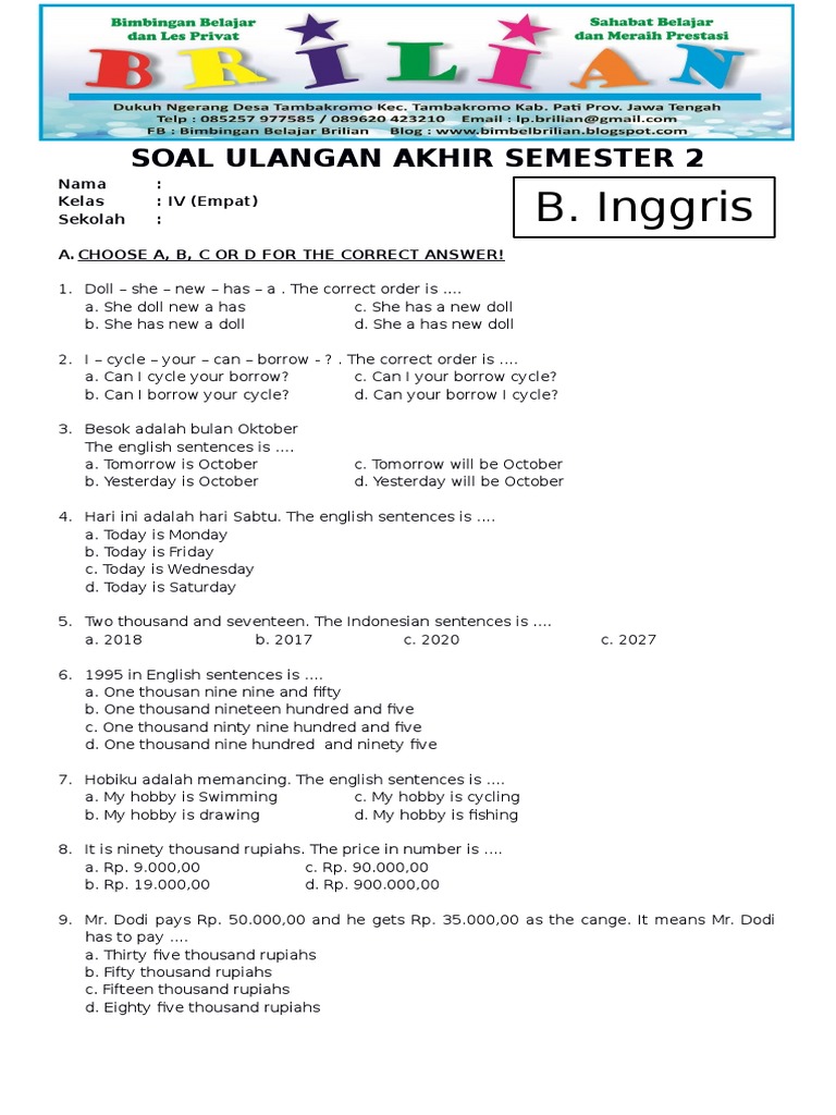 Soal Bahasa Inggris Kelas 4 Sd Semester 1 Dalchaebi Soal Bahasa Inggris Kelas 4 Sd Semester 1 Dalchaebi