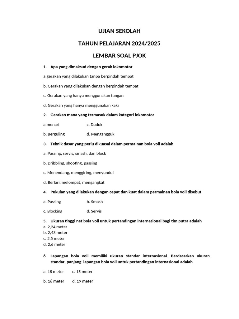 Soal Ujian PJOK 2024 2025 PDF