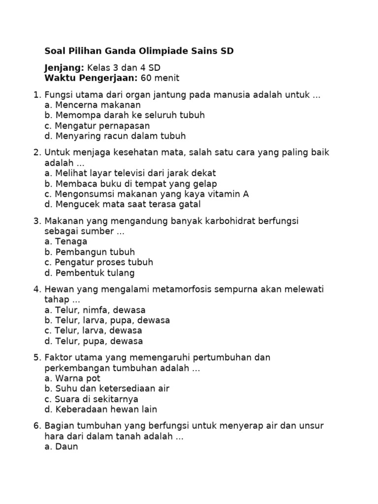 contoh soal olimpiade sains kelas 4 sd hots