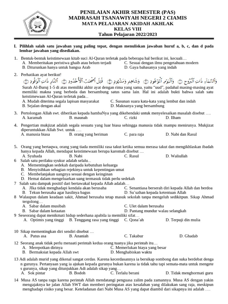 Soal PAS Akidah Akhlak Kelas VIII PDF Soal PAS Akidah Akhlak Kelas VIII PDF