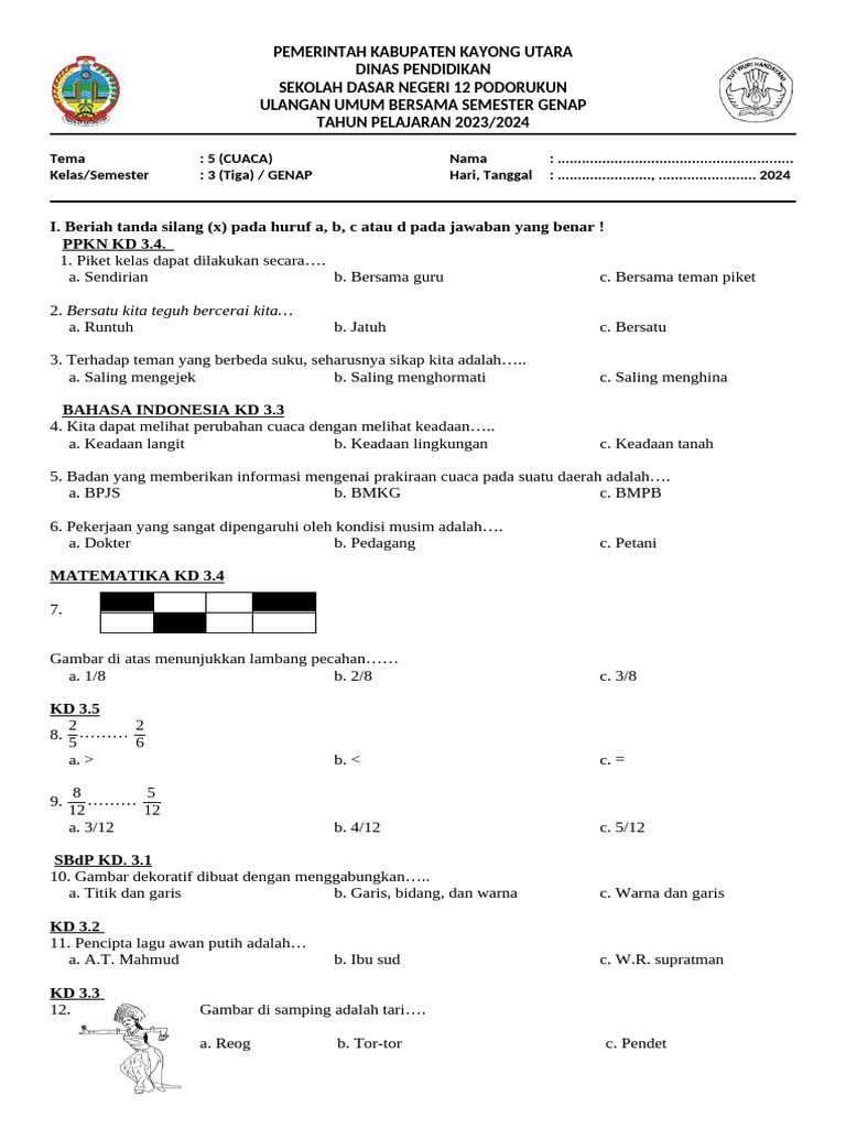 Ulangan Umum Kelas 3 Tema Cuaca PDF Ulangan Umum Kelas 3 Tema Cuaca PDF