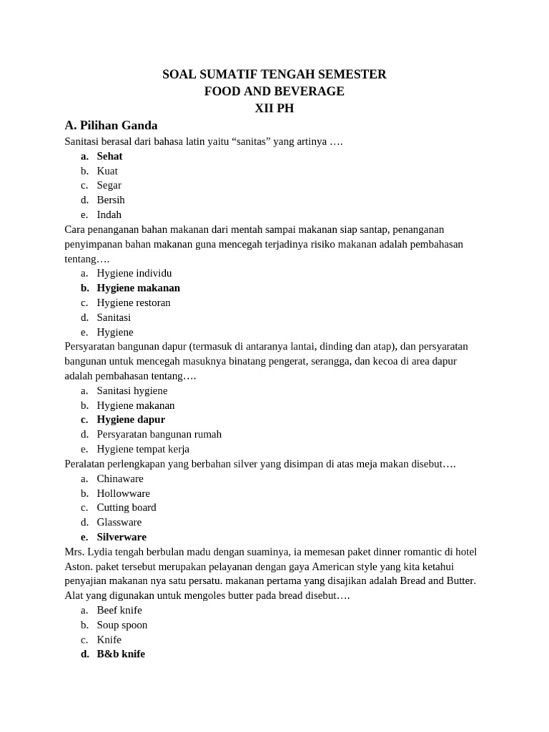Soal Ujian Food and Beverage XII PH PDF Soal Ujian Food and Beverage XII PH PDF