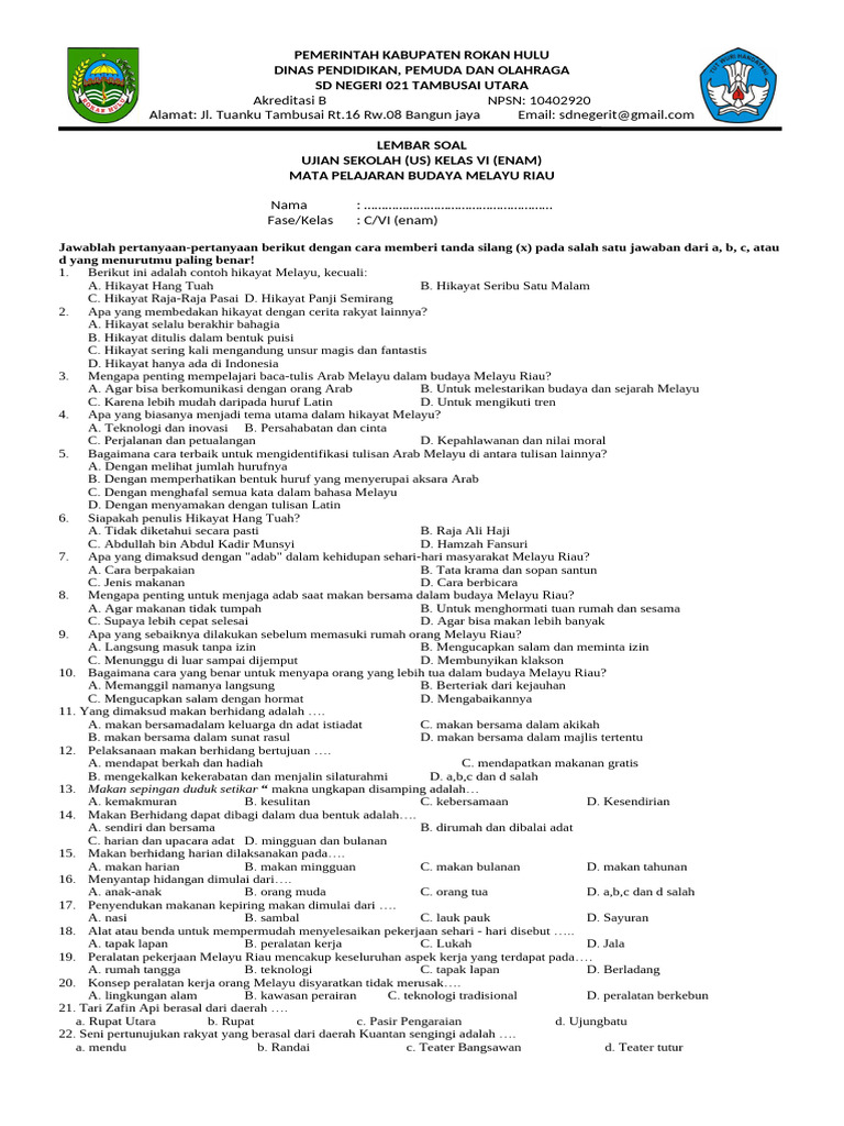 Soal Ujian Sekolah Kelas 6 BMR PDF Soal Ujian Sekolah Kelas 6 BMR PDF