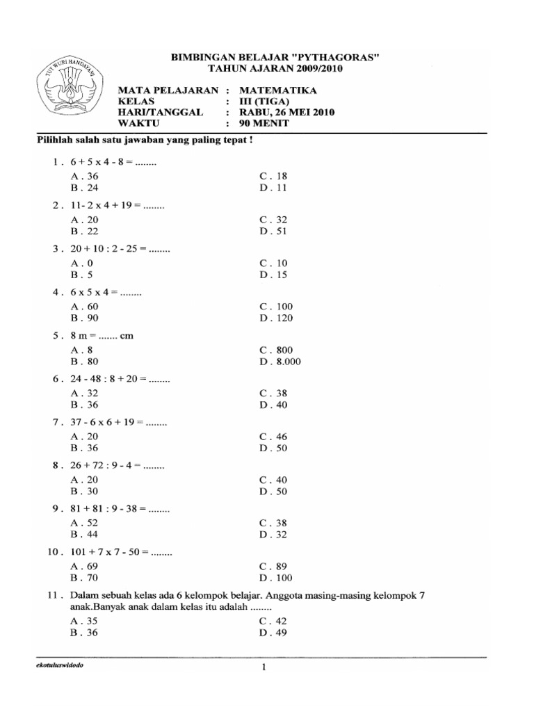 Soal Matematika Kelas 3 Sd Semester 1 Kurikulum 2013 Pdf Dalchaebi