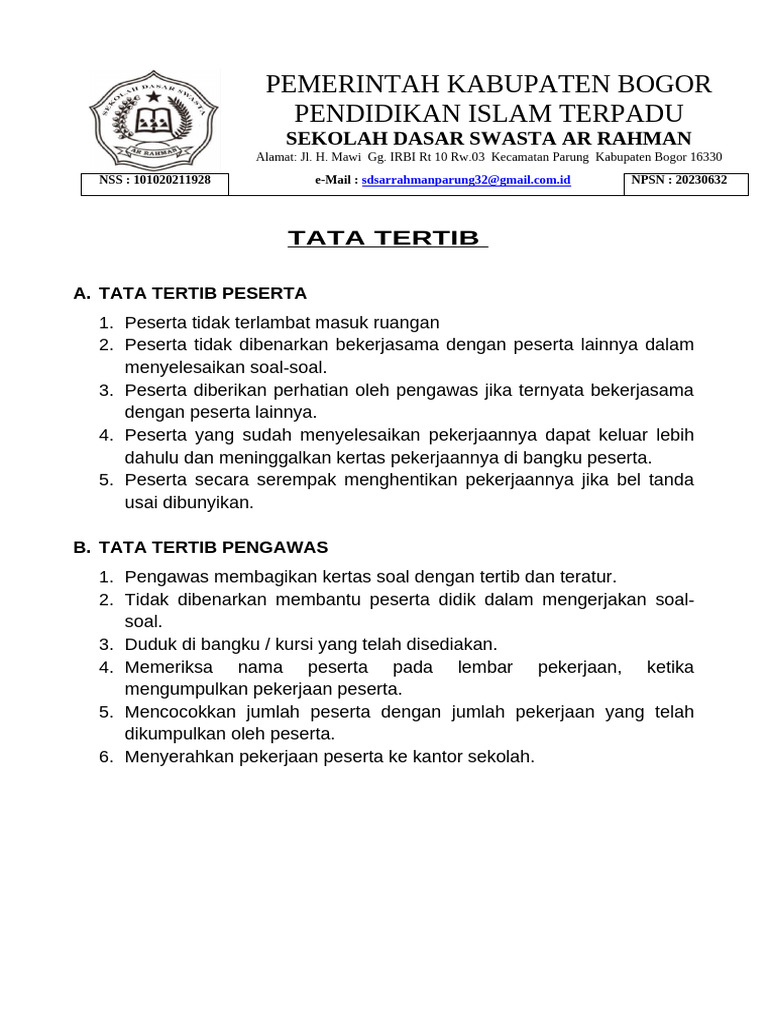 Tata Tertib Ujian Sekolah SDS Ar Rahman PDF