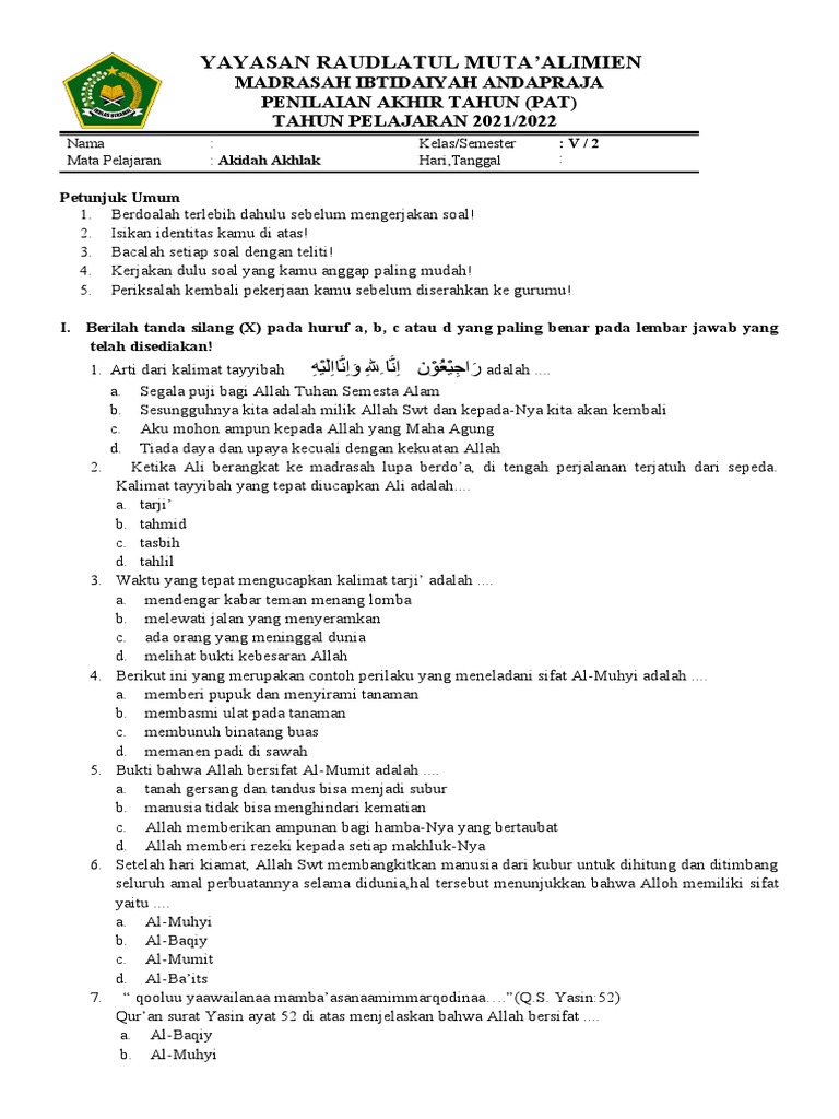 Soal PAT Akidah Akhlak Kelas 5 Semester 2 PDF Soal PAT Akidah Akhlak Kelas 5 Semester 2 PDF