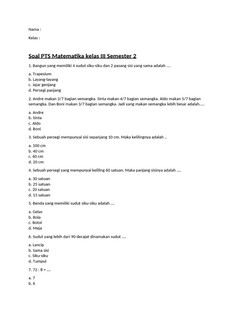 7 Contoh Soal PTS Semester 2 Kelas 3 Matematika KTSP yang Sering Muncul, Wajib Tahu Sebelum Ujian