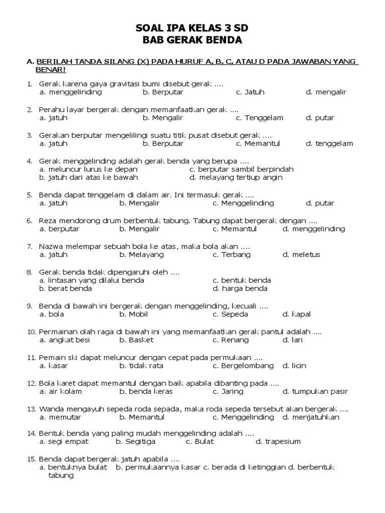 Soal IPA Gerak Benda Kelas 3 SD PDF Sains Matematika Soal IPA Gerak Benda Kelas 3 SD PDF Sains Matematika