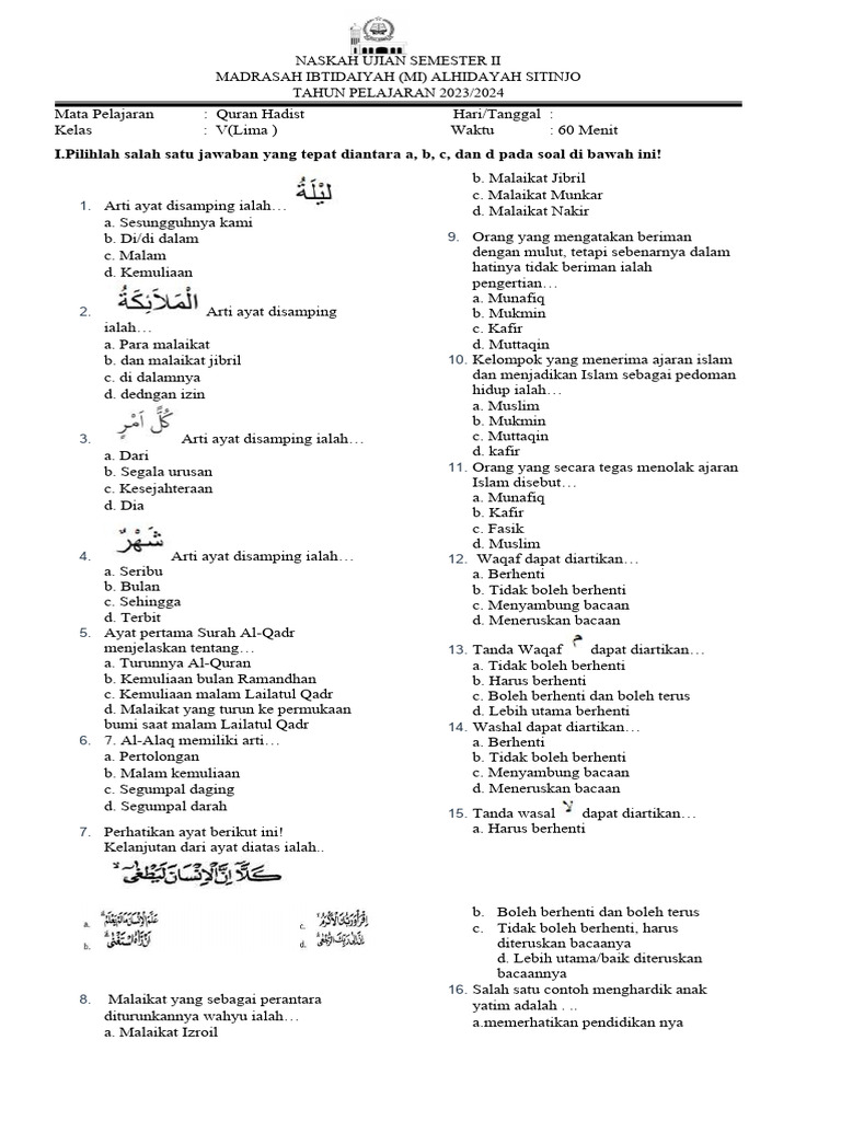 contoh soal alquran hadits kelas 5 semester 2