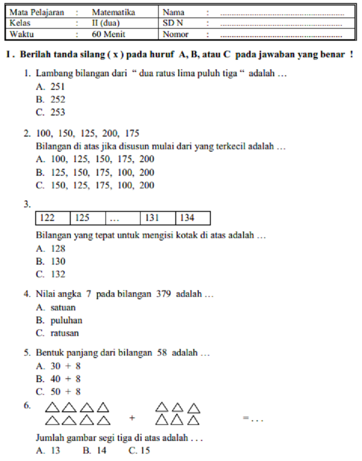 contoh soal anak sd kelas 3 sdit semester 2