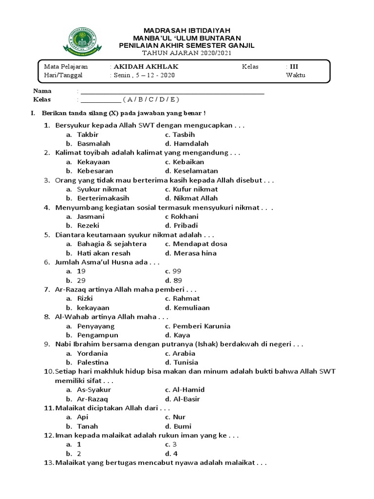 SOAL AKIDAH AKHLAK Kelas 1 PDF SOAL AKIDAH AKHLAK Kelas 1 PDF