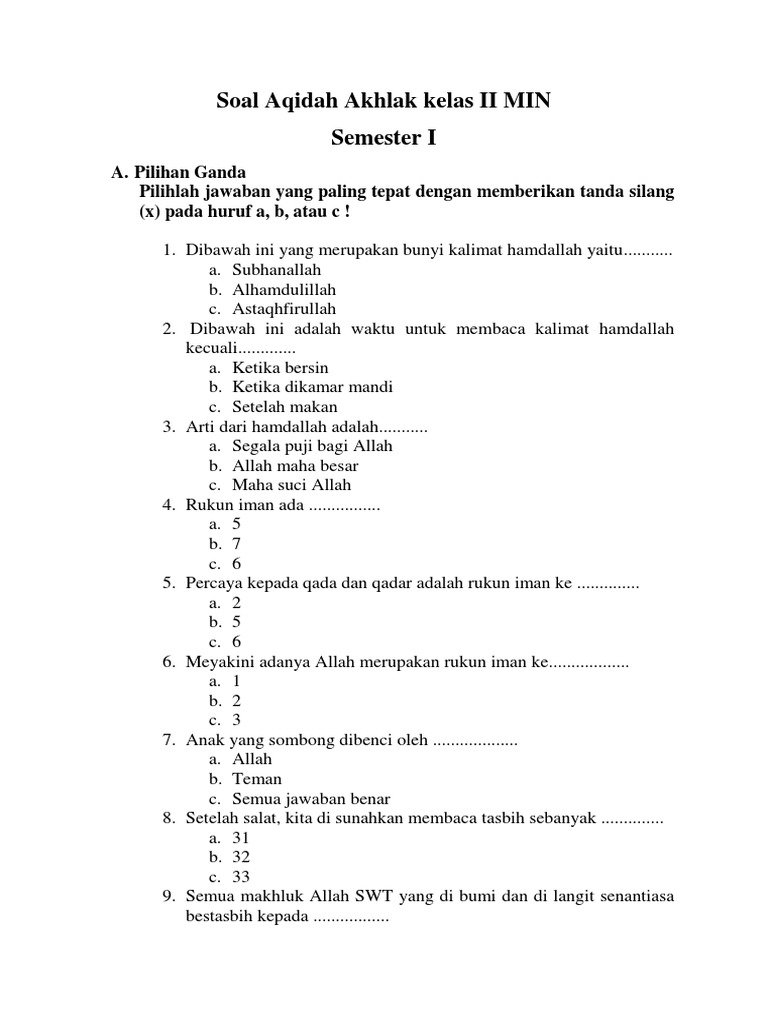 contoh soal aqidah akhlak kelas 2 sd semester 1