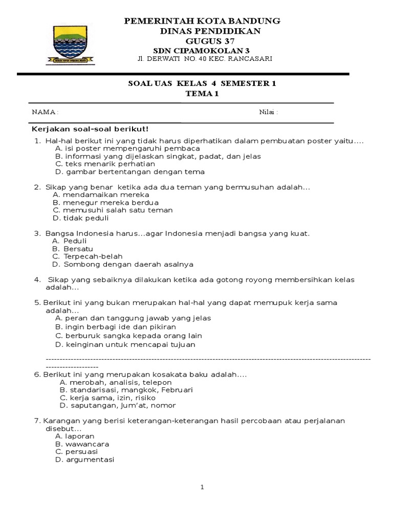Wajib Tahu Bocoran Materi Soal UAS Kelas 4 Kurikulum 2013 Tema 1 Agar Nilai Sempurna