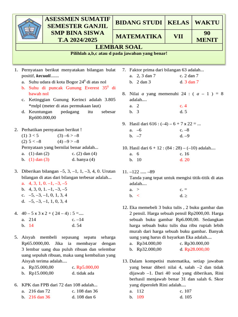 Wajib Tahu! Ini Bocoran Materi Soal Matematika Kelas 7 Semester 1 Paling Akurat